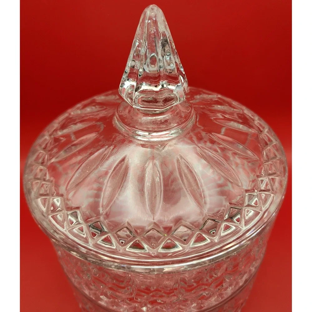 Vintage Clear Pressed Glass 2 Tier Stacked Candy Dish with Lid Diamond Pattern